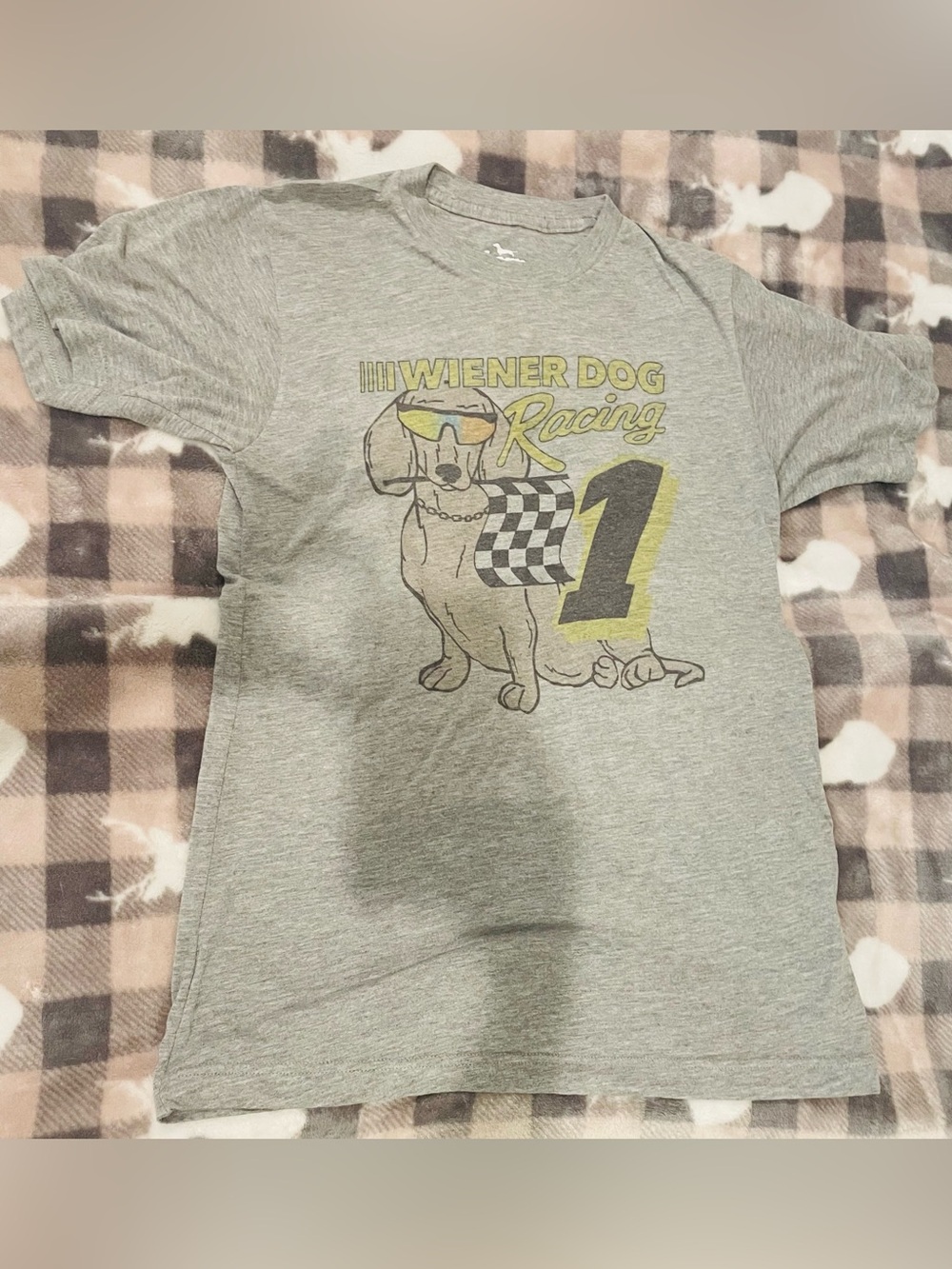 🐨3for$20🐨Wiener Dog Racing Graphic Tee - Grey with Yellow Accent